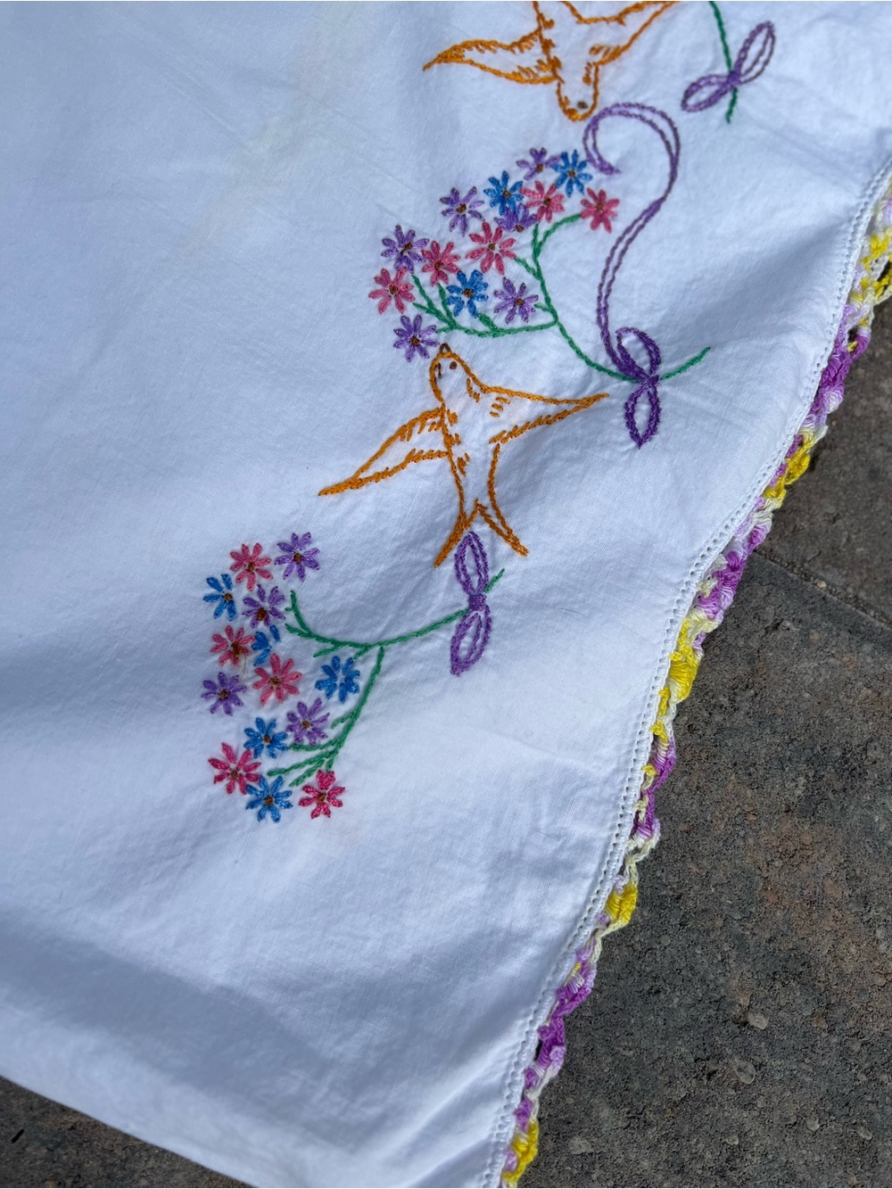 Vintage Embroidered Bluebird Pillowcases Set Crocheted Lace Edge Cottagecore